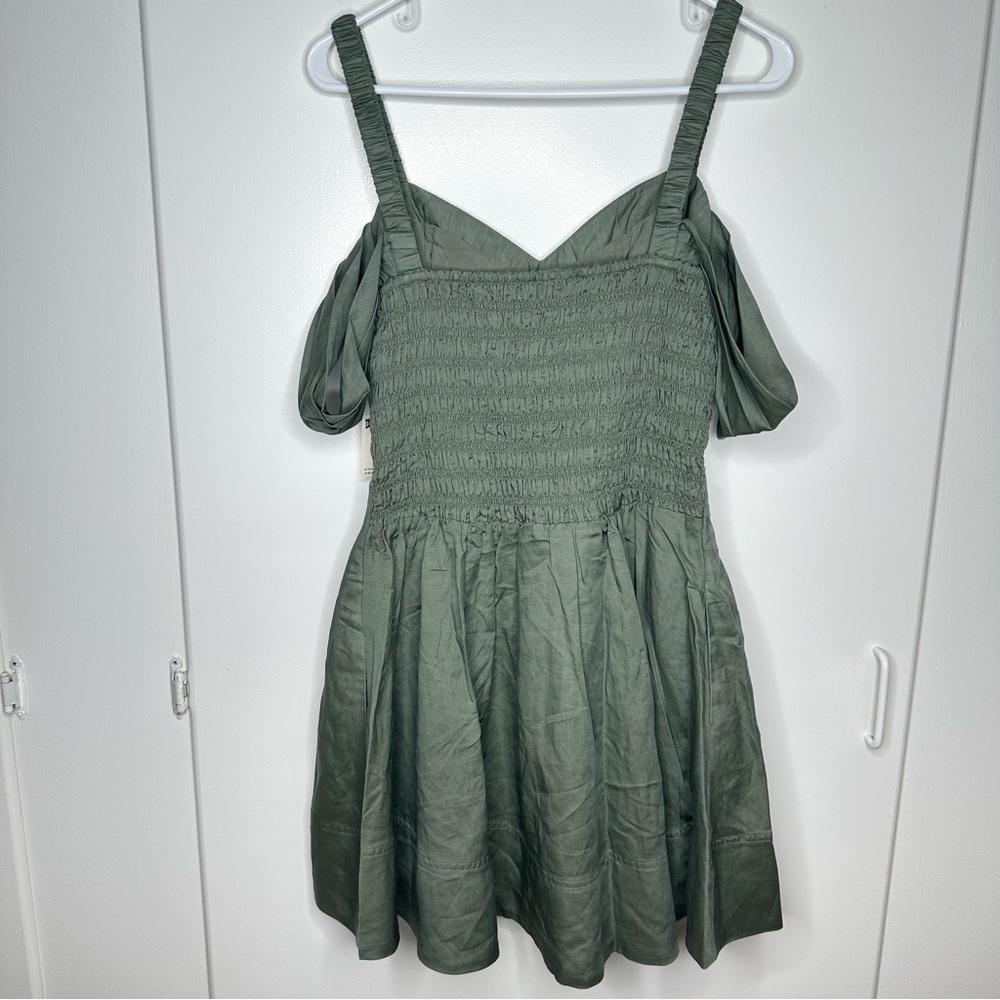 Anthropologie Off-The-Shoulder Linen Mini Dress In Green Size Small NWT - Picture 7 of 11